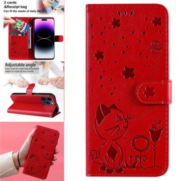 Embossing Bee and Cat Leather Wallet Magnetic Kickstand Case Red