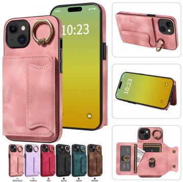For iPhone 15 Plus Card Holder Ring Kickstand PU Leather Case Pink