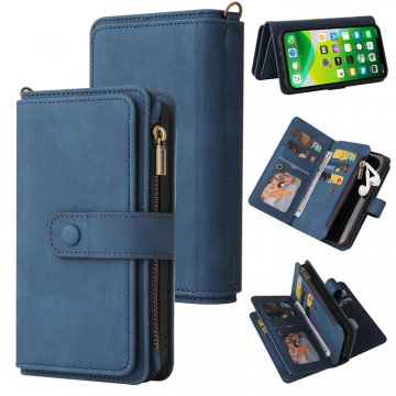 iPhone 13 Wallet 15 Card Slots Case with Wrist Strap Blue