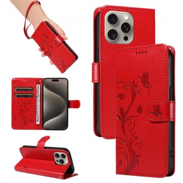 Embossed Flower Butterfly Wallet Magnetic Stand Phone Case Red