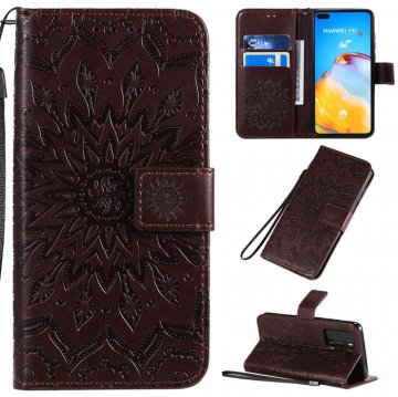 Huawei P40 Embossed Sunflower Wallet Stand Case Brown