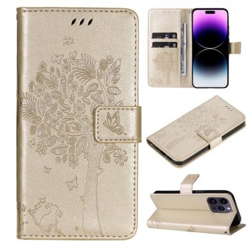 Embossed Butterfly Tree Leather Wallet Stand Phone Case Gold
