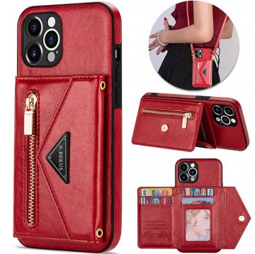 Crossbody Strap Zipper Wallet Kickstand Phone Cover Red