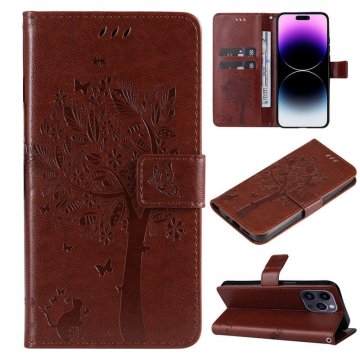 Embossed Butterfly Tree Leather Wallet Stand Phone Case Brown