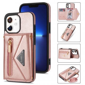 Crossbody Zipper Wallet iPhone 12/12 Pro Case With Strap Rose Gold