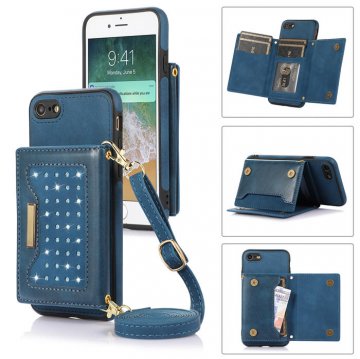 Bling Crossbody Wallet iPhone 7/8/SE2 2020/SE3 2022 Case with Strap Blue