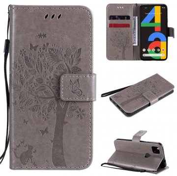 Google Pixel 4A 4G Embossed Tree Cat Butterfly Wallet Stand Case Gray