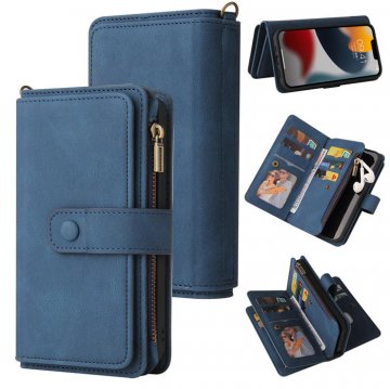 iPhone 14 Plus Wallet 15 Card Slots Case with Wrist Strap Blue