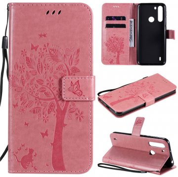 Motorola One Fusion Embossed Tree Cat Butterfly Wallet Stand Case Pink