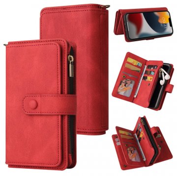 iPhone 14 Plus Wallet 15 Card Slots Case with Wrist Strap Red