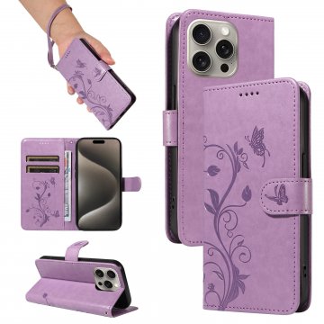 Embossed Flower Butterfly Wallet Magnetic Stand Phone Case Purple