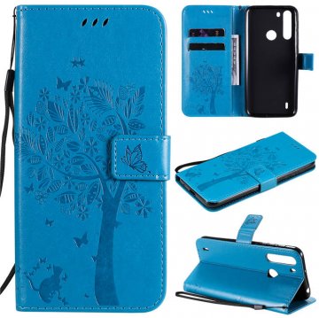 Motorola One Fusion Embossed Tree Cat Butterfly Wallet Stand Case Blue