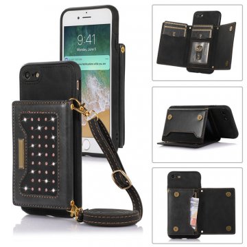 Bling Crossbody Wallet iPhone 7/8/SE2 2020/SE3 2022 Case with Strap Black