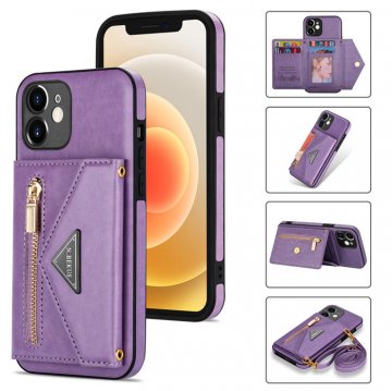 Crossbody Zipper Wallet iPhone 12 Mini Case With Strap Purple