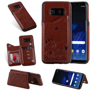 Samsung Galaxy S8 Bee and Cat Magnetic Card Slots Stand Cover Brown