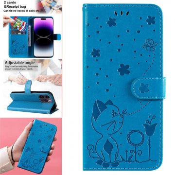 Embossing Bee and Cat Leather Wallet Magnetic Kickstand Case Blue