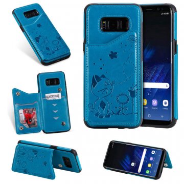 Samsung Galaxy S8 Bee and Cat Magnetic Card Slots Stand Cover Blue