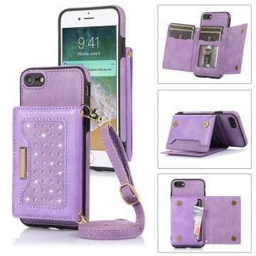 Bling Crossbody Wallet iPhone 7/8/SE2 2020/SE3 2022 Case with Strap Purple
