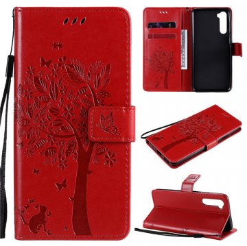 OnePlus Nord Embossed Tree Cat Butterfly Wallet Stand Case Red