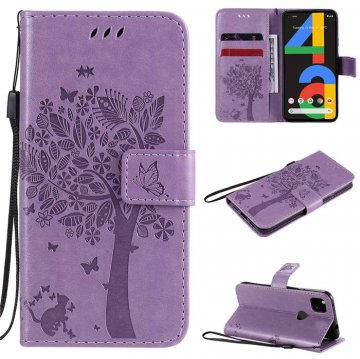 Google Pixel 4A 4G Embossed Tree Cat Butterfly Wallet Stand Case Lavender