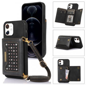 Bling Crossbody Bag Wallet iPhone 12/12 Pro Case with Lanyard Strap Black