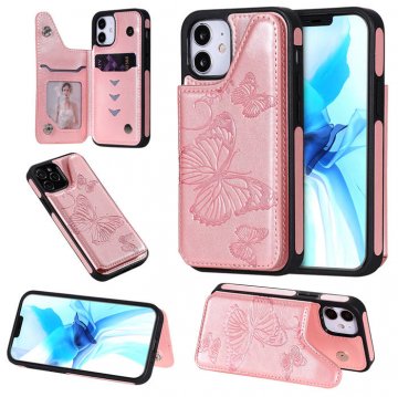 iPhone 12 Pro Luxury Butterfly Magnetic Card Slots Stand Case Rose Gold