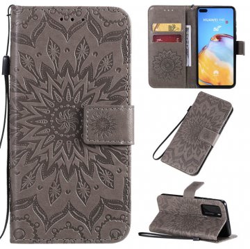 Huawei P40 Embossed Sunflower Wallet Stand Case Gray