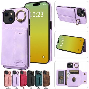 For iPhone 15 Plus Card Holder Ring Kickstand PU Leather Case Purple