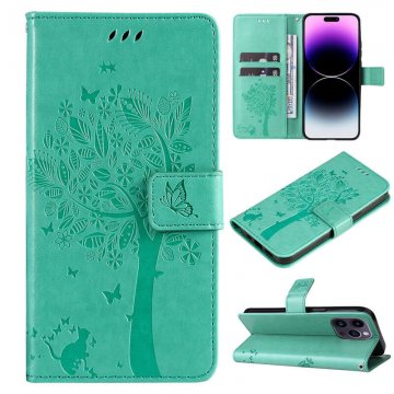 Embossed Butterfly Tree Leather Wallet Stand Phone Case Green