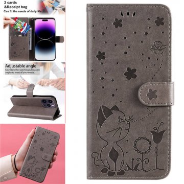 Embossing Bee and Cat Leather Wallet Magnetic Kickstand Case Gray
