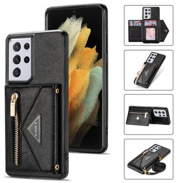 Crossbody Zipper Wallet Samsung Galaxy S21 Ultra Case With Strap Black