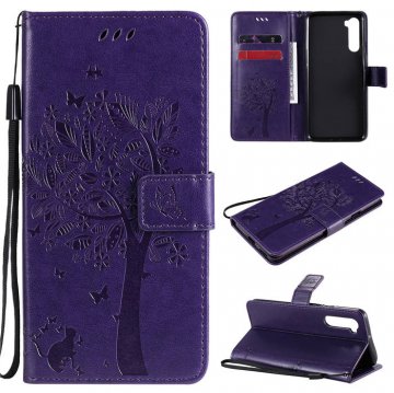 OnePlus Nord Embossed Tree Cat Butterfly Wallet Stand Case Purple
