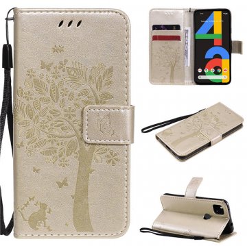 Google Pixel 4A 4G Embossed Tree Cat Butterfly Wallet Stand Case Gold