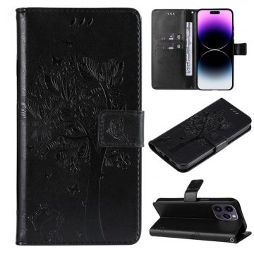 Embossed Butterfly Tree Leather Wallet Stand Phone Case Black