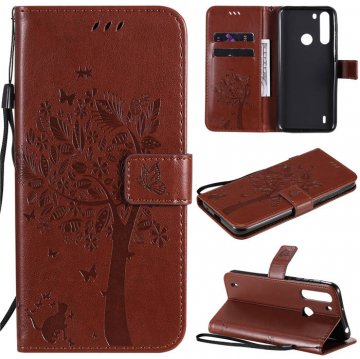 Motorola One Fusion Embossed Tree Cat Butterfly Wallet Stand Case Brown