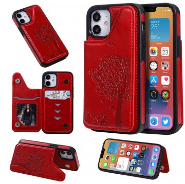 iPhone 12 Embossed Tree Cat Magnetic Clasp Wallet Stand Case Red