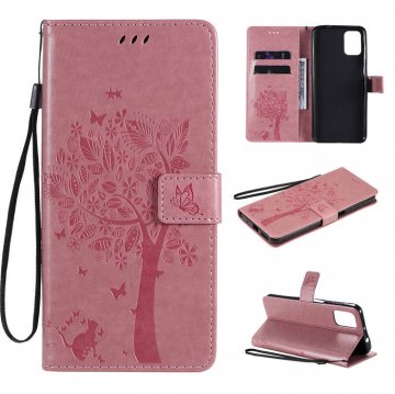 Motorola Moto G9 Plus Embossed Tree Cat Butterfly Wallet Stand Case Pink
