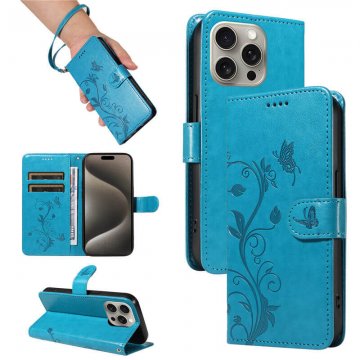 Embossed Flower Butterfly Wallet Magnetic Stand Phone Case Blue