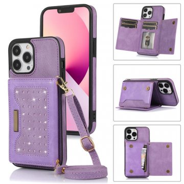 Bling Crossbody Bag Wallet iPhone 13 Pro Max Case with Lanyard Strap Purple