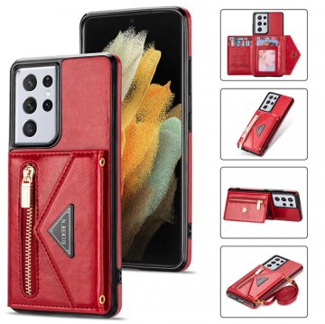Crossbody Zipper Wallet Samsung Galaxy S21 Ultra Case With Strap Red