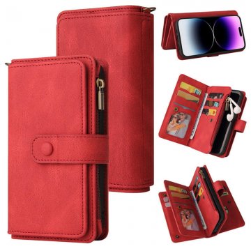 Multi-Functional Zipper Wallet 15 Card Slots Stand Leather Phone Case Red
