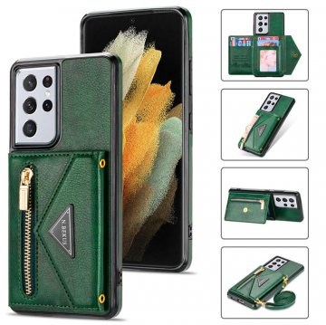 Crossbody Zipper Wallet Samsung Galaxy S21 Ultra Case With Strap Green