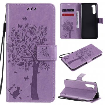 OnePlus Nord Embossed Tree Cat Butterfly Wallet Stand Case Lavender