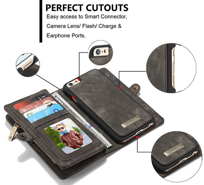 CaseMe iPhone 6S Plus/6 Plus Zipper Wallet Detachable 2 in 1 Folio Case Black