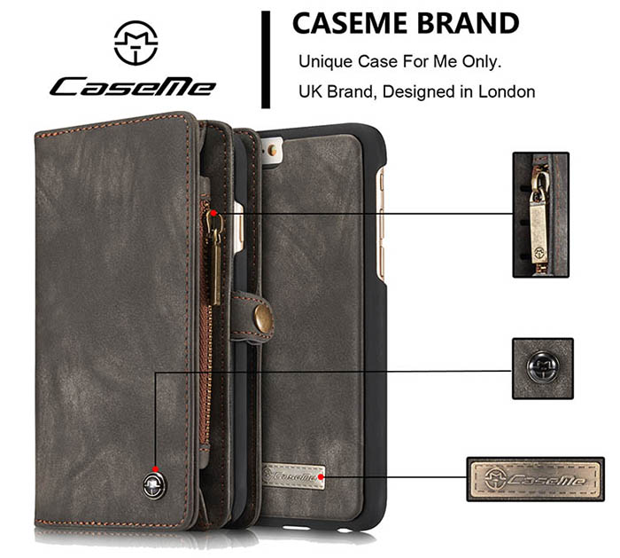 CaseMe iPhone 6S Plus/6 Plus Zipper Wallet Detachable 2 in 1 Folio Case Black