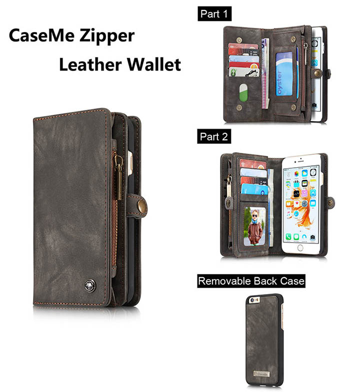 CaseMe iPhone 6S Plus/6 Plus Zipper Wallet Detachable 2 in 1 Folio Case Black