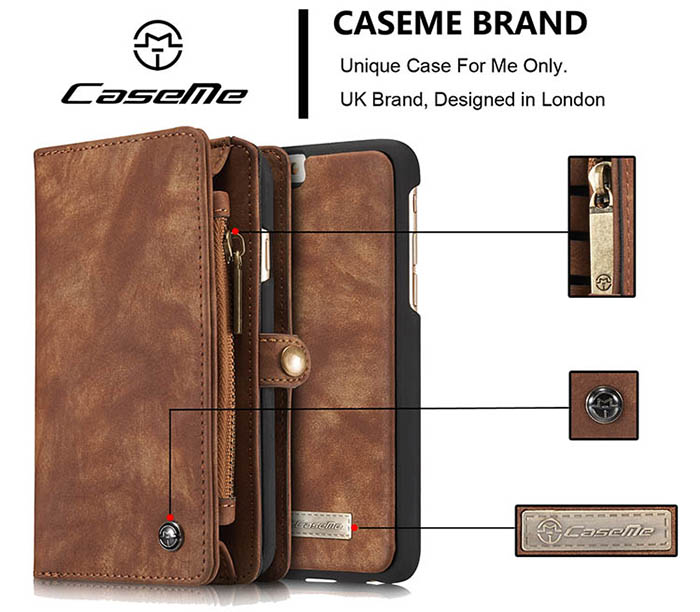 CaseMe iPhone 6S Plus/6 Plus Zipper Wallet Detachable 2 in 1 Folio Case Brown