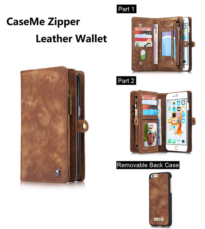 CaseMe iPhone 6S Plus/6 Plus Zipper Wallet Detachable 2 in 1 Folio Case Brown