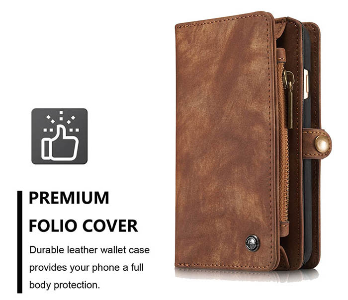 CaseMe iPhone 6S Plus/6 Plus Zipper Wallet Detachable 2 in 1 Folio Case Brown