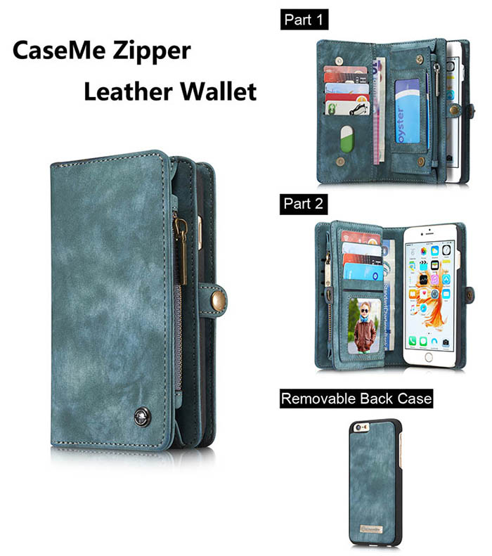 CaseMe iPhone 6S Plus/6 Plus Zipper Wallet Detachable 2 in 1 Folio Case Green